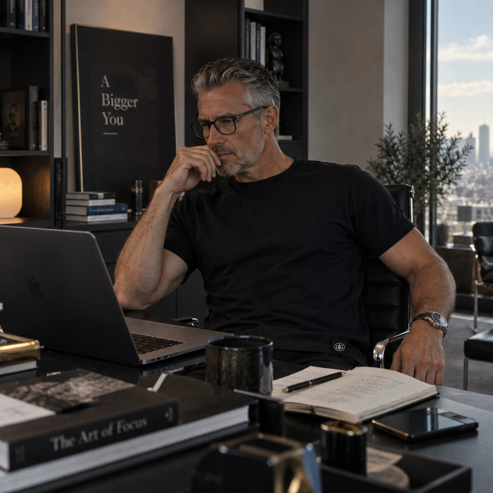 A founder at his desk in a GLADIUS tee