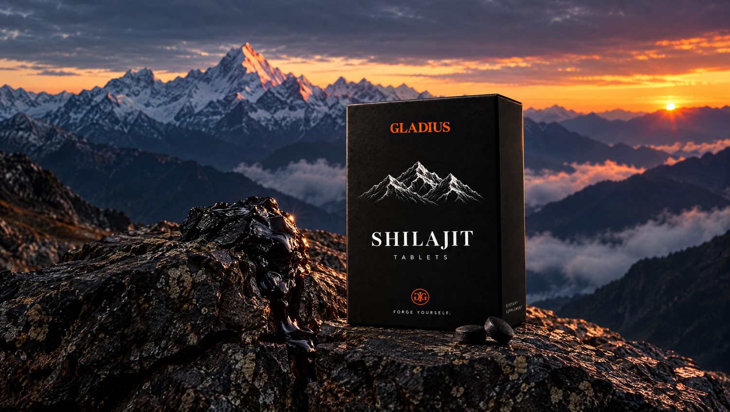 The GLADIUS Shilajit box on a Himalayan ridge at dawn, next to raw resin