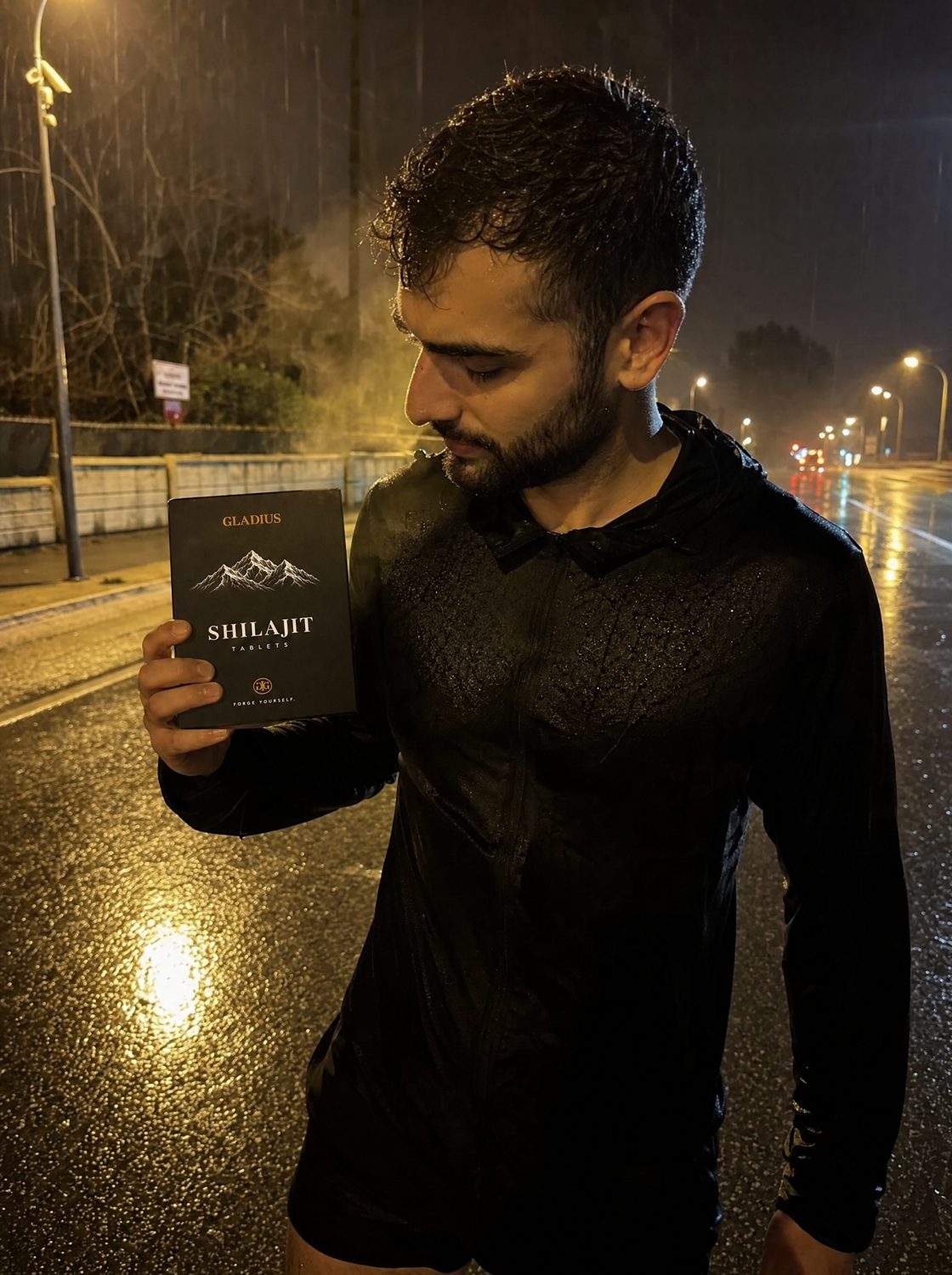 After a night run in the rain, a man holds the GLADIUS Shilajit box