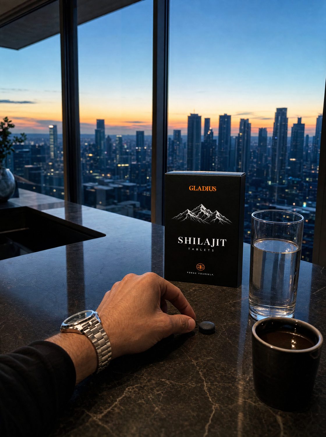5:30 AM: one tablet and a glass of water above the city at dawn