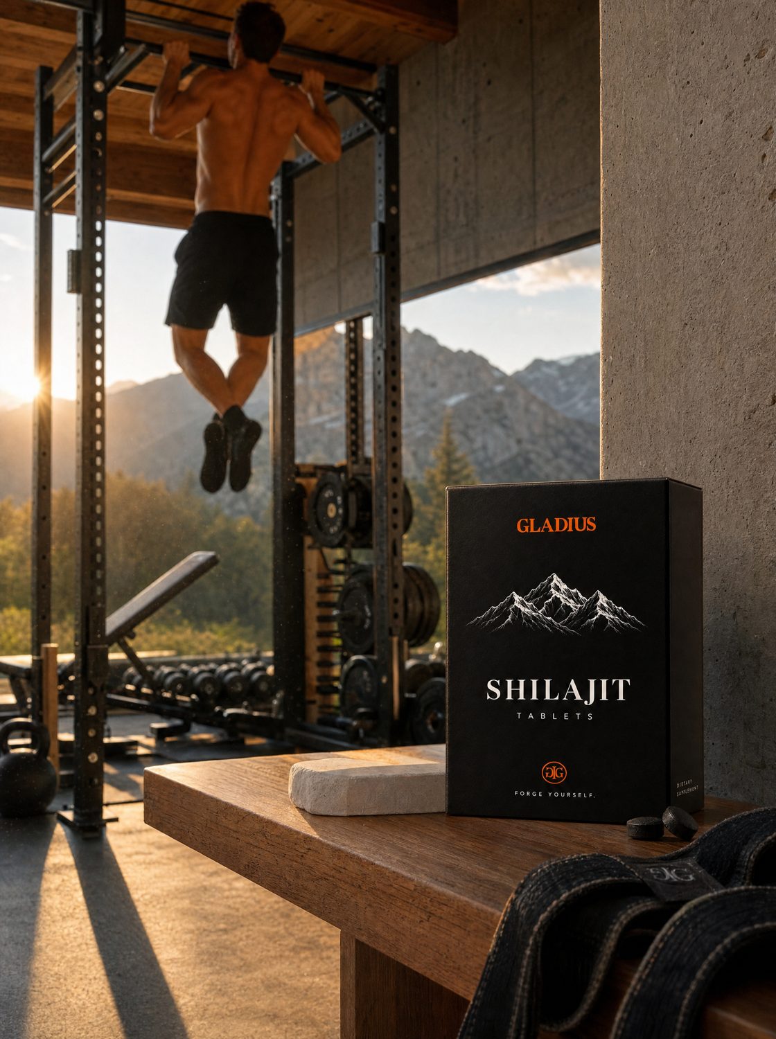The box in a private home gym facing the mountains, a man doing pull-ups behind