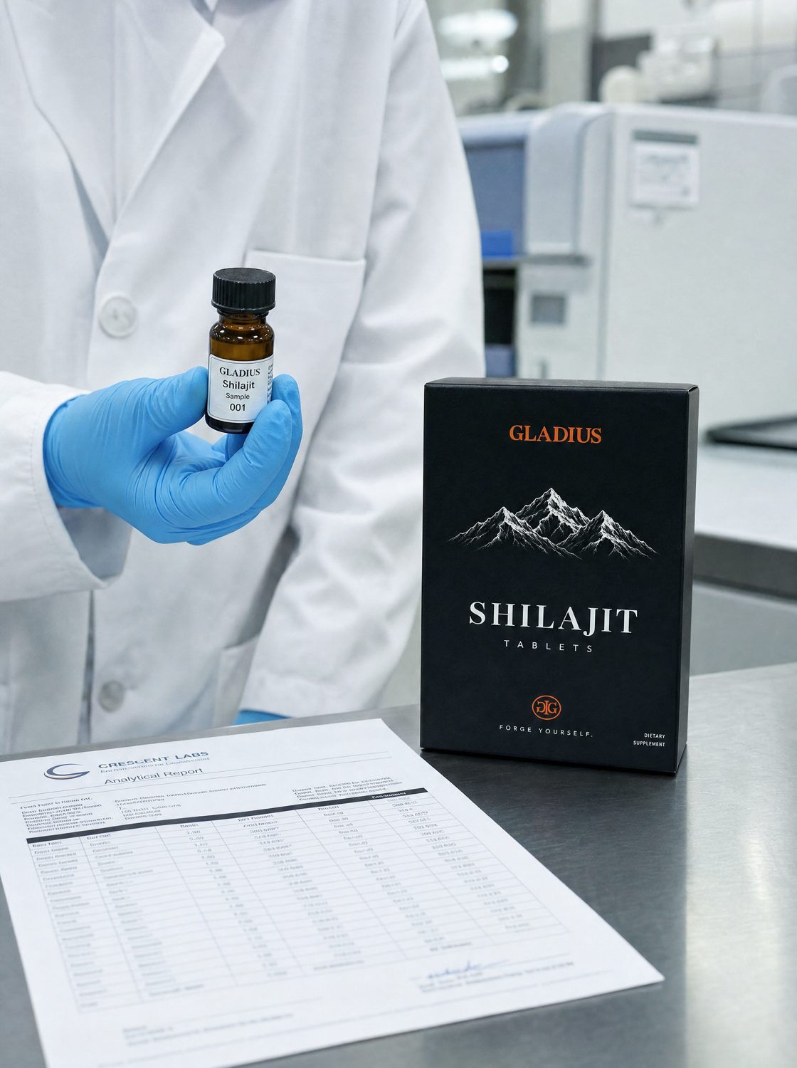 Lab testing: a technician holds a sample next to the box and a results sheet